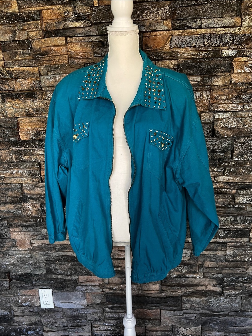 Studded Teal Bomber Jacket for Women